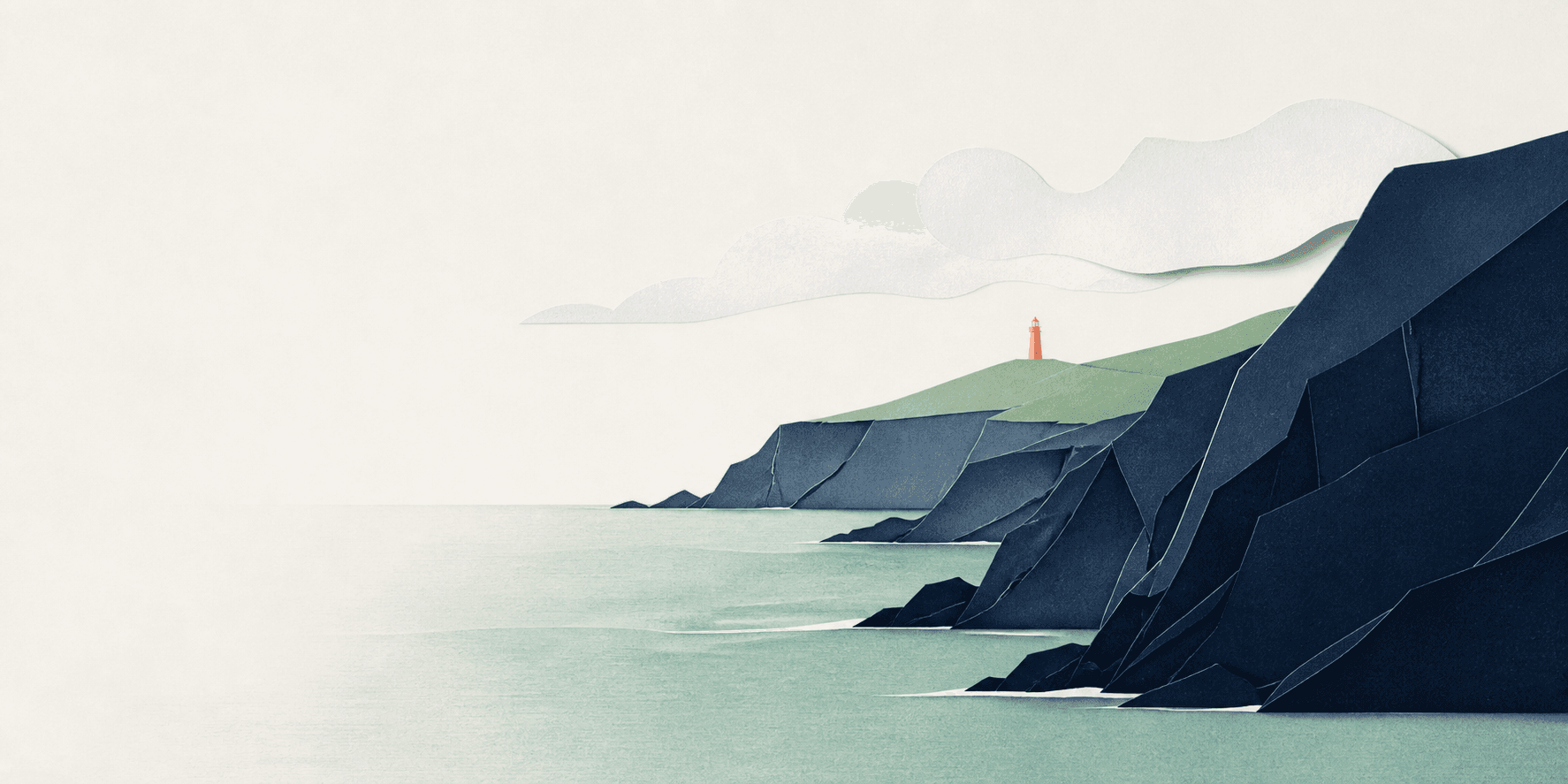 Paper-cut illustration of an Irish Atlantic coastline and lighthouse